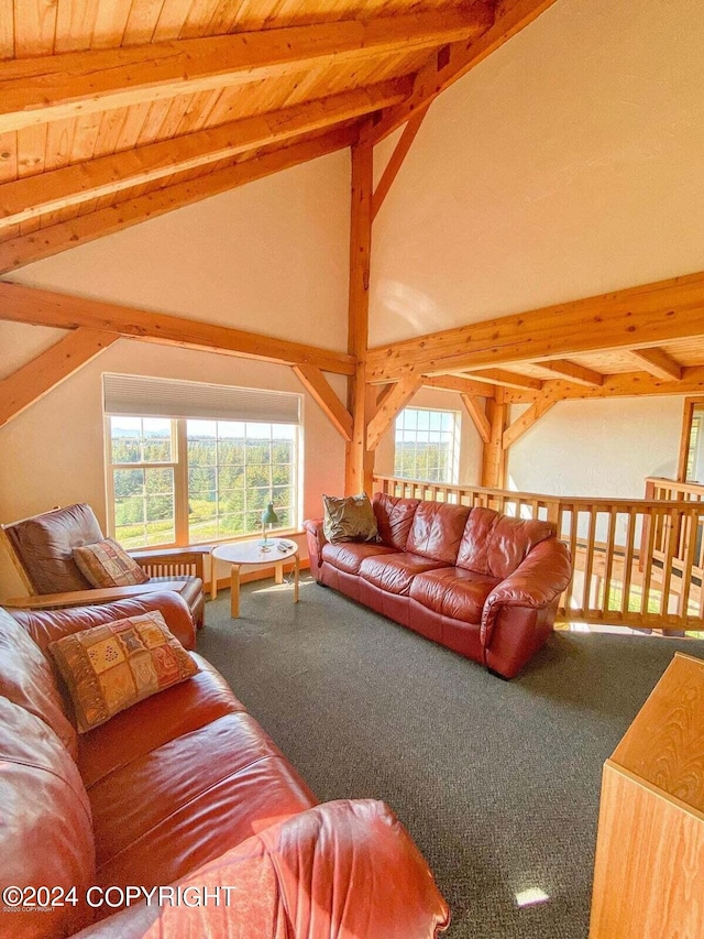 carpeted living area with lofted ceiling with beams and wood ceiling