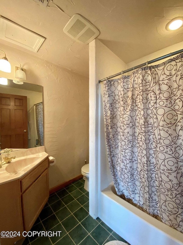 full bath featuring visible vents, toilet, shower / bath combo, vanity, and tile patterned floors