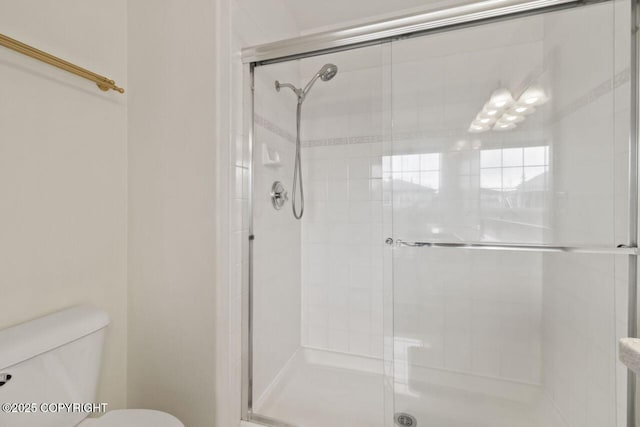 bathroom with a stall shower and toilet