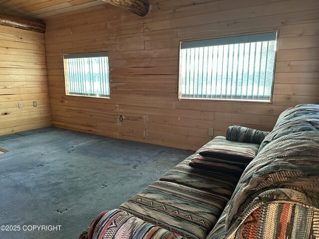 unfurnished living room with carpet flooring and wood walls