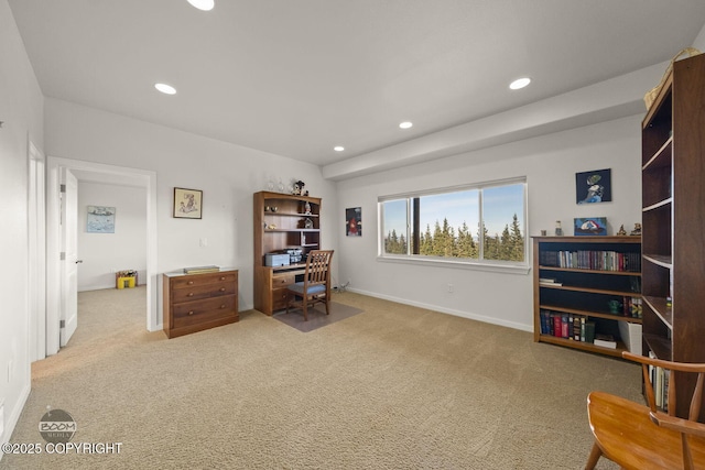 home office featuring recessed lighting, baseboards, and carpet floors