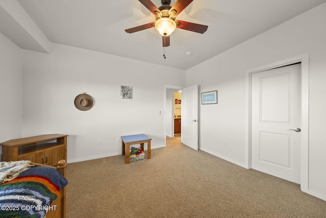 bedroom featuring carpet flooring, ceiling fan, and baseboards