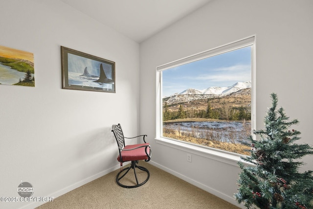 sitting room featuring baseboards, a mountain view, and carpet floors