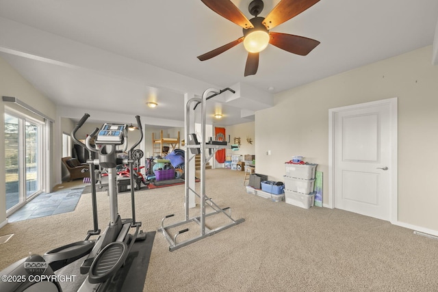 exercise area with baseboards and carpet floors