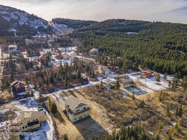 drone / aerial view with a mountain view and a forest view