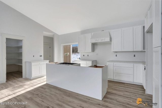 kitchen featuring light wood-style floors, a center island, white cabinets, and custom range hood