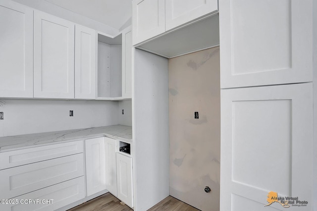 washroom with light wood-style floors and laundry area