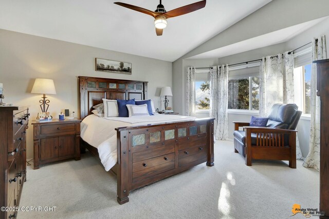 20420 Williamsburg Dr, Eagle River, AK 99577 - bedroom featuring lofted ceiling, light carpet, and ceiling fan