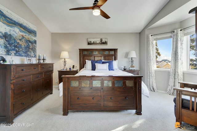 20420 Williamsburg Dr, Eagle River, AK 99577 - bedroom featuring light colored carpet, lofted ceiling, baseboards, and a ceiling fan
