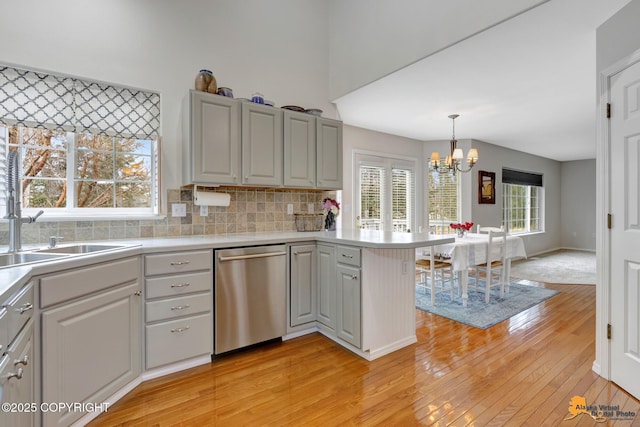 kitchen featuring a peninsula, a sink, light countertops, and dishwasher