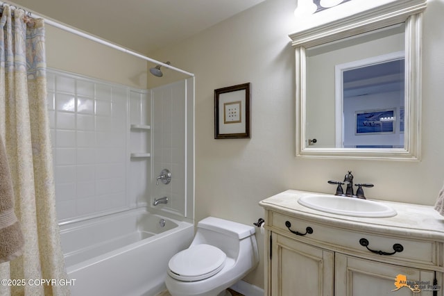 full bath featuring shower / bathtub combination with curtain, toilet, and vanity