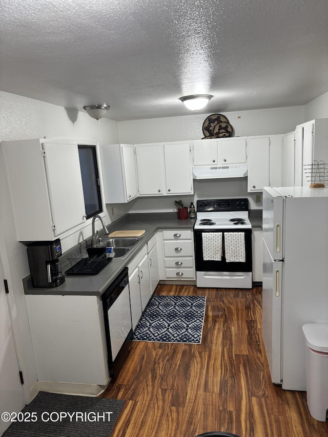 kitchen featuring dishwasher, freestanding refrigerator, under cabinet range hood, a sink, and range with electric stovetop