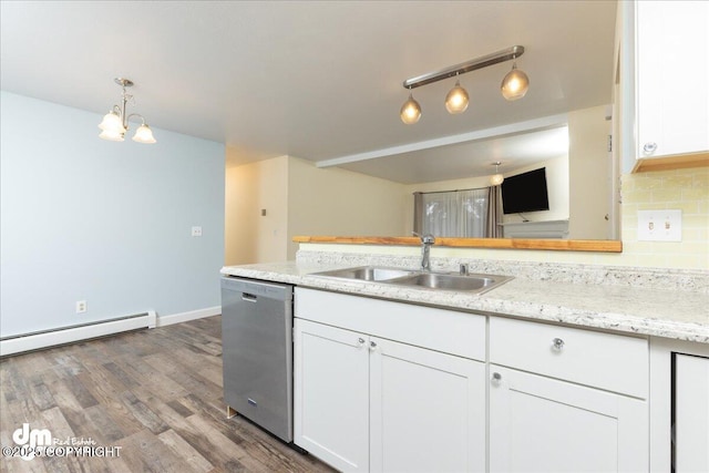 kitchen featuring wood finished floors, a sink, white cabinets, dishwasher, and baseboard heating