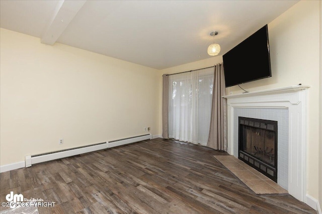 unfurnished living room featuring beamed ceiling, wood finished floors, baseboard heating, and a tile fireplace