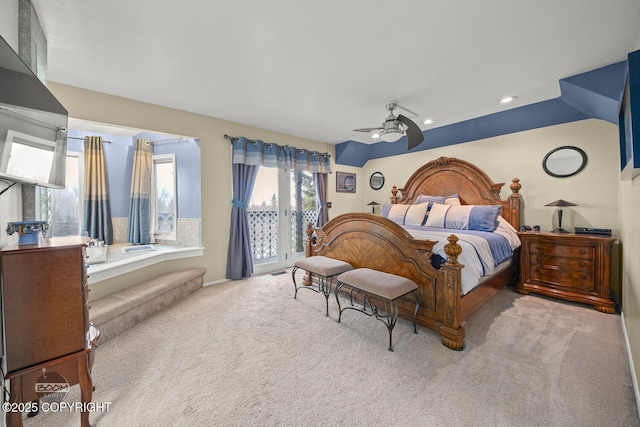 bedroom with access to outside, carpet flooring, a ceiling fan, and recessed lighting