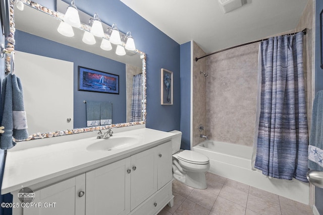 bathroom with visible vents, toilet, tile patterned floors, shower / bath combination with curtain, and vanity