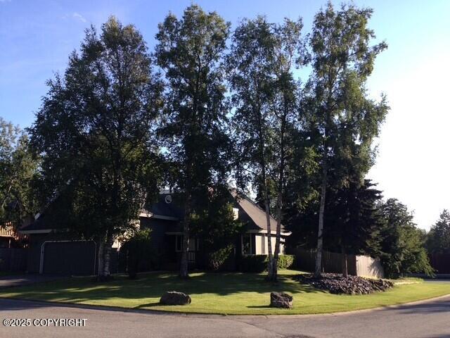 obstructed view of property with a front lawn, a garage, and driveway