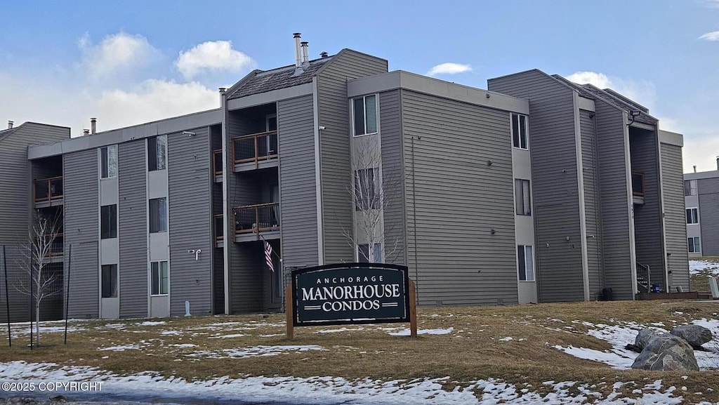 view of snow covered building