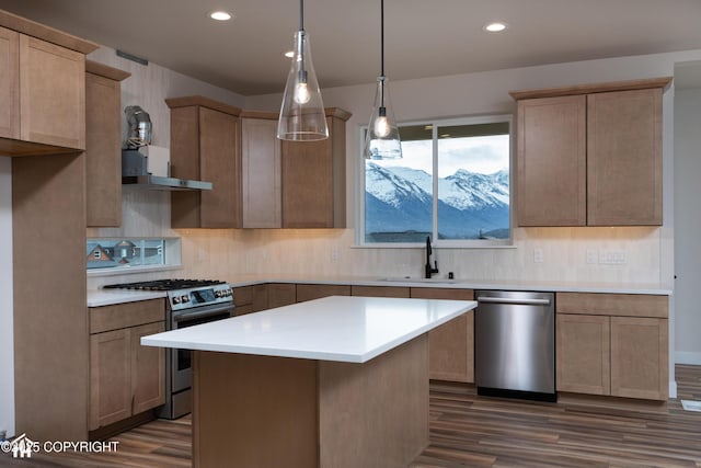 kitchen with dark wood finished floors, light countertops, backsplash, appliances with stainless steel finishes, and a sink