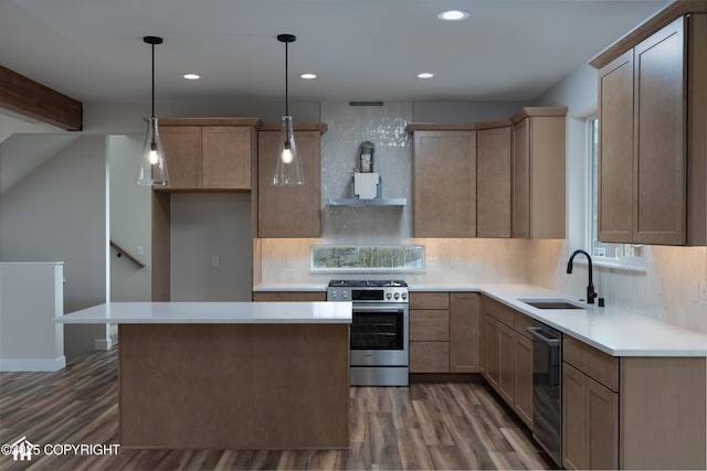 kitchen with stainless steel appliances, a sink, backsplash, and wood finished floors