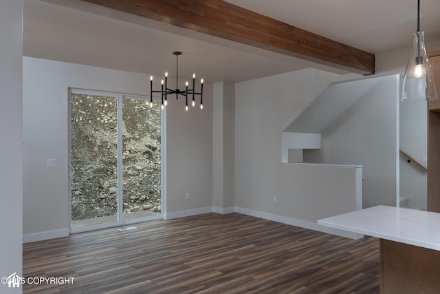 unfurnished dining area with baseboards, dark wood-style flooring, beamed ceiling, and a notable chandelier