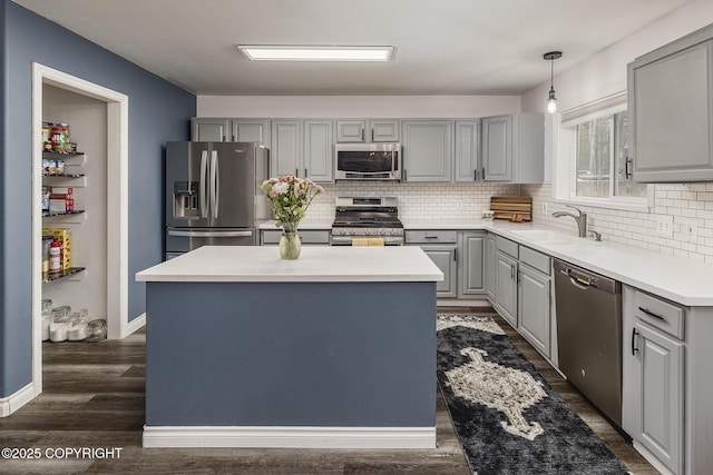 kitchen with backsplash, gray cabinetry, and stainless steel appliances