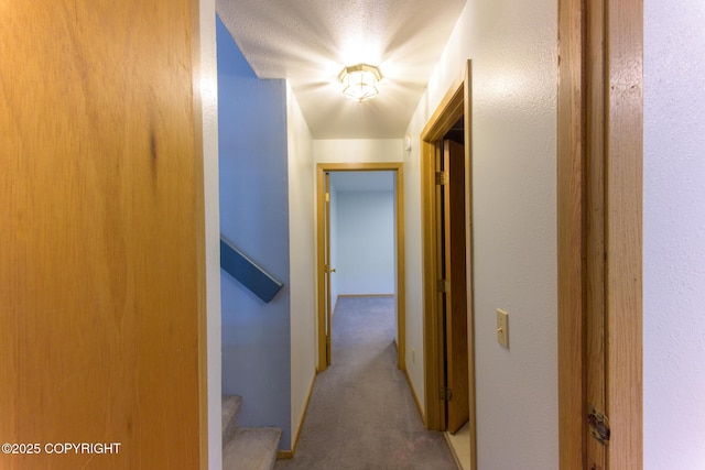 corridor with stairway and carpet