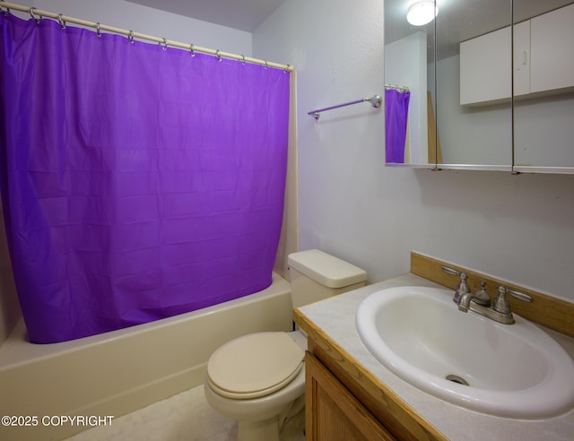 bathroom with shower / tub combo, vanity, and toilet