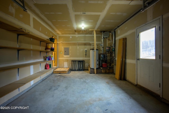 interior space with gas water heater and electric panel