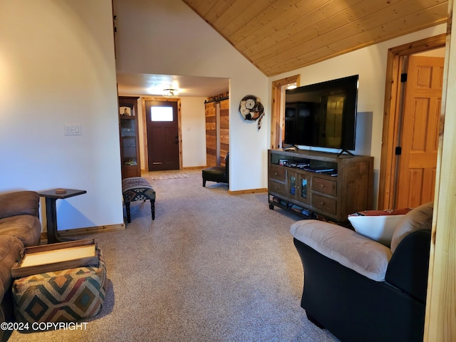 carpeted living room featuring lofted ceiling, wooden ceiling, and baseboards