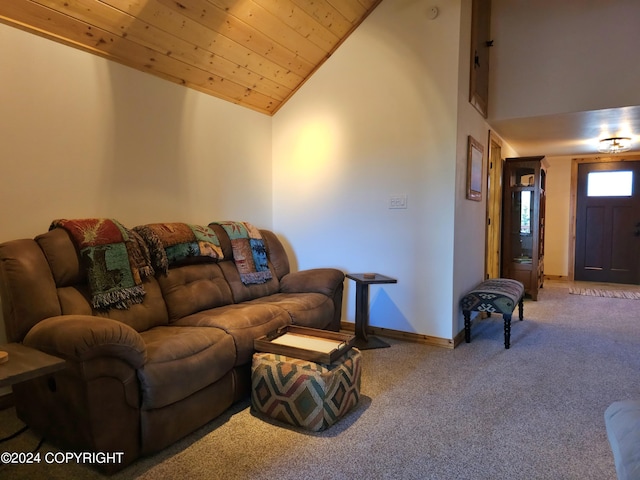 carpeted living room featuring high vaulted ceiling, wood ceiling, and baseboards