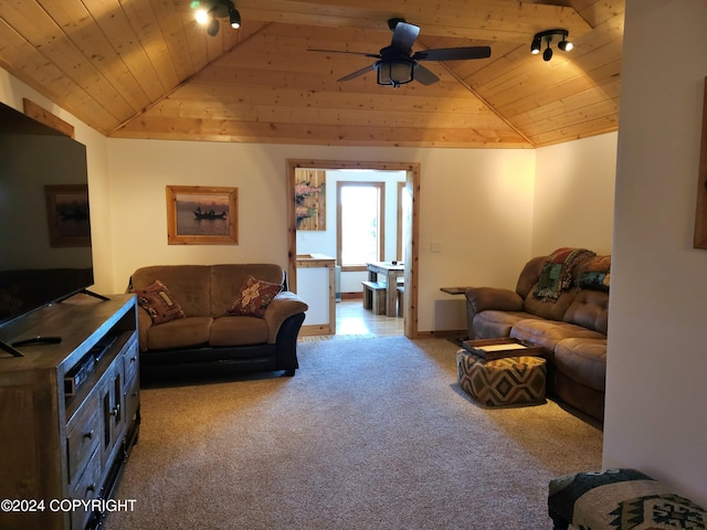 living room with vaulted ceiling, carpet, wood ceiling, and track lighting