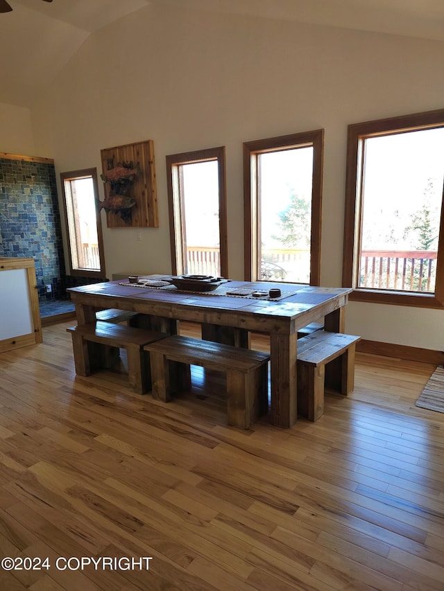 unfurnished dining area with lofted ceiling and light wood-type flooring