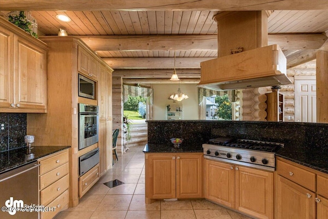 kitchen featuring island exhaust hood, log walls, a warming drawer, appliances with stainless steel finishes, and wood ceiling