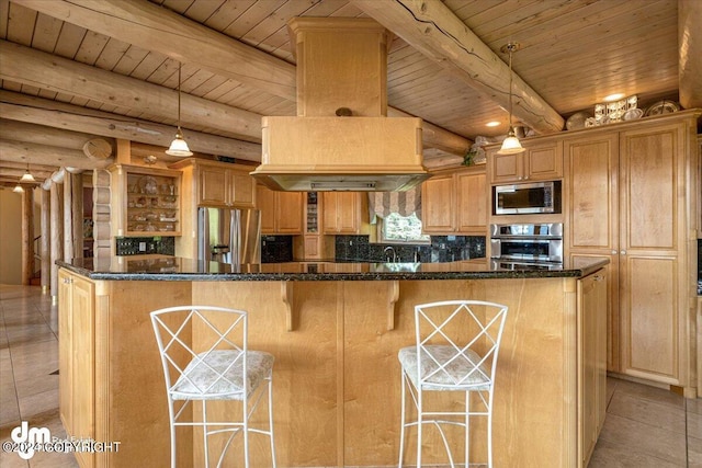 kitchen featuring glass insert cabinets, wood ceiling, appliances with stainless steel finishes, and light tile patterned flooring