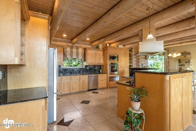 kitchen with backsplash, appliances with stainless steel finishes, light brown cabinets, a sink, and beamed ceiling