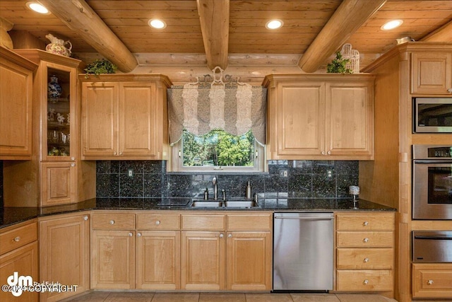 kitchen with decorative backsplash, stainless steel appliances, a sink, and a warming drawer