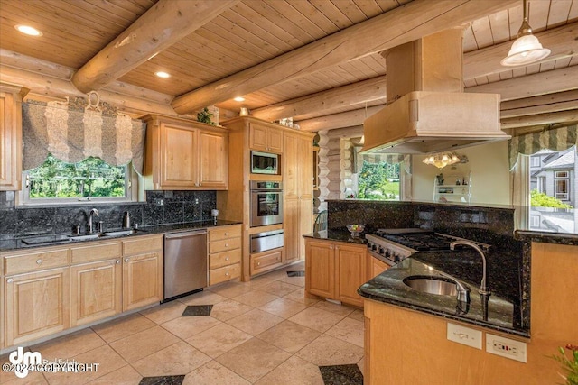 kitchen with island range hood, log walls, stainless steel appliances, a sink, and a warming drawer