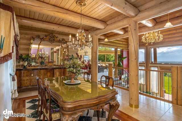 tiled dining area with plenty of natural light, beam ceiling, wooden ceiling, and a notable chandelier