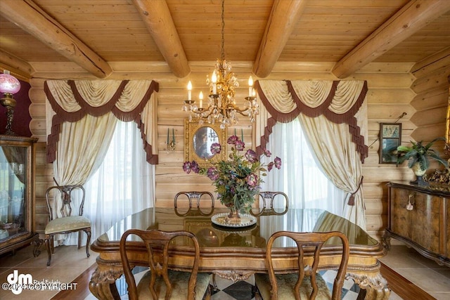 tiled dining space with a wealth of natural light, wooden ceiling, a notable chandelier, and beamed ceiling