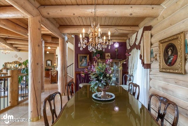 tiled dining room featuring beamed ceiling, rustic walls, wood ceiling, and a notable chandelier