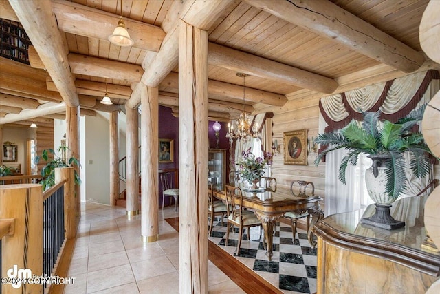 dining space featuring light tile patterned floors, a notable chandelier, wood ceiling, beamed ceiling, and rustic walls