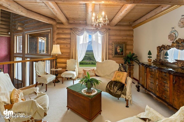 living area with beamed ceiling, wooden ceiling, carpet flooring, and a notable chandelier