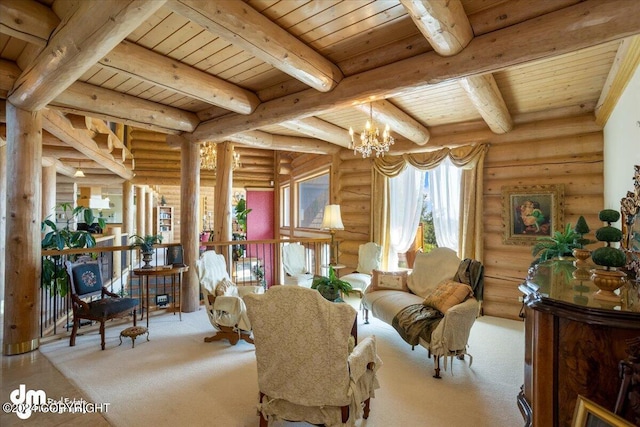 sitting room featuring a chandelier, beamed ceiling, wooden ceiling, and light carpet