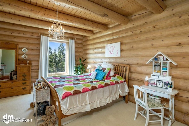 carpeted bedroom with wooden ceiling, rustic walls, beam ceiling, and an inviting chandelier