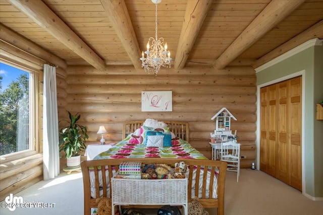 dining area featuring light colored carpet, beam ceiling, wooden ceiling, and an inviting chandelier