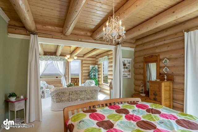 bedroom with wooden ceiling, beamed ceiling, and an inviting chandelier