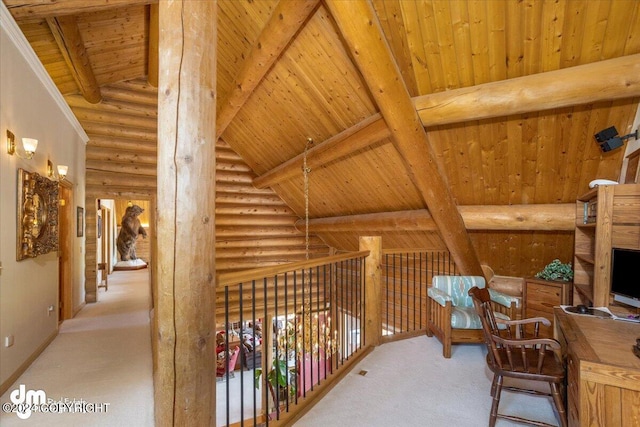 office area with high vaulted ceiling, carpet floors, wood ceiling, baseboards, and beamed ceiling