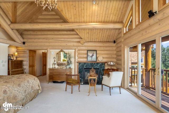 bedroom with wood ceiling, access to outside, high vaulted ceiling, and beam ceiling