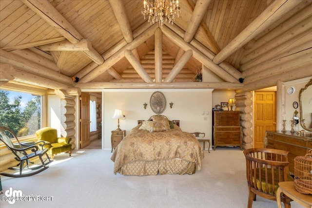 bedroom with carpet floors, wood ceiling, beam ceiling, and high vaulted ceiling